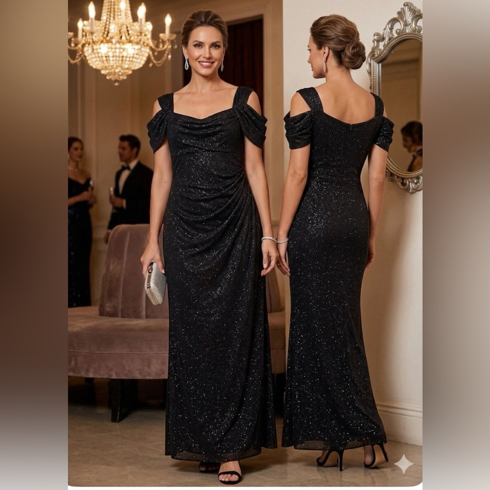 Alex Evenings Black Shimmer Cold Shoulder Gown Size 6P Elegant Formal Dress
